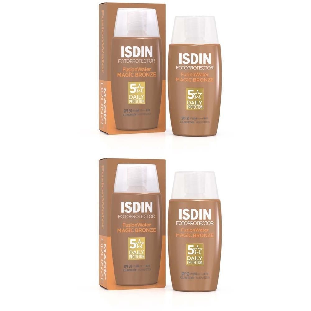 Zwei Flaschen ISDIN Fusion Water Magic Bronze mit Verpackung. Aufschrift: LSF 50, 5 Daily Protection.