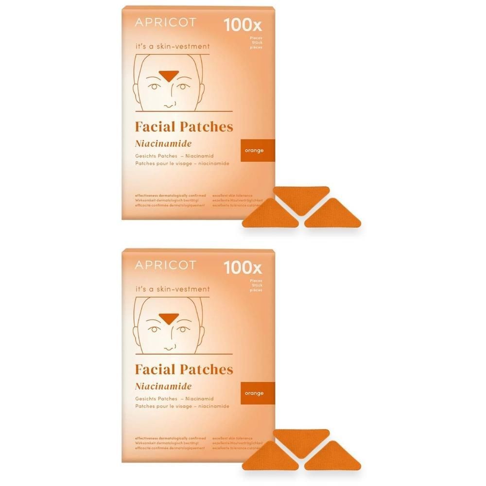 Zwei Packungen Gesichtspatches. Orangefarbene Verpackung mit Produktname, Marke und 100 Stück. Dreieckige Patches liegen daneben.