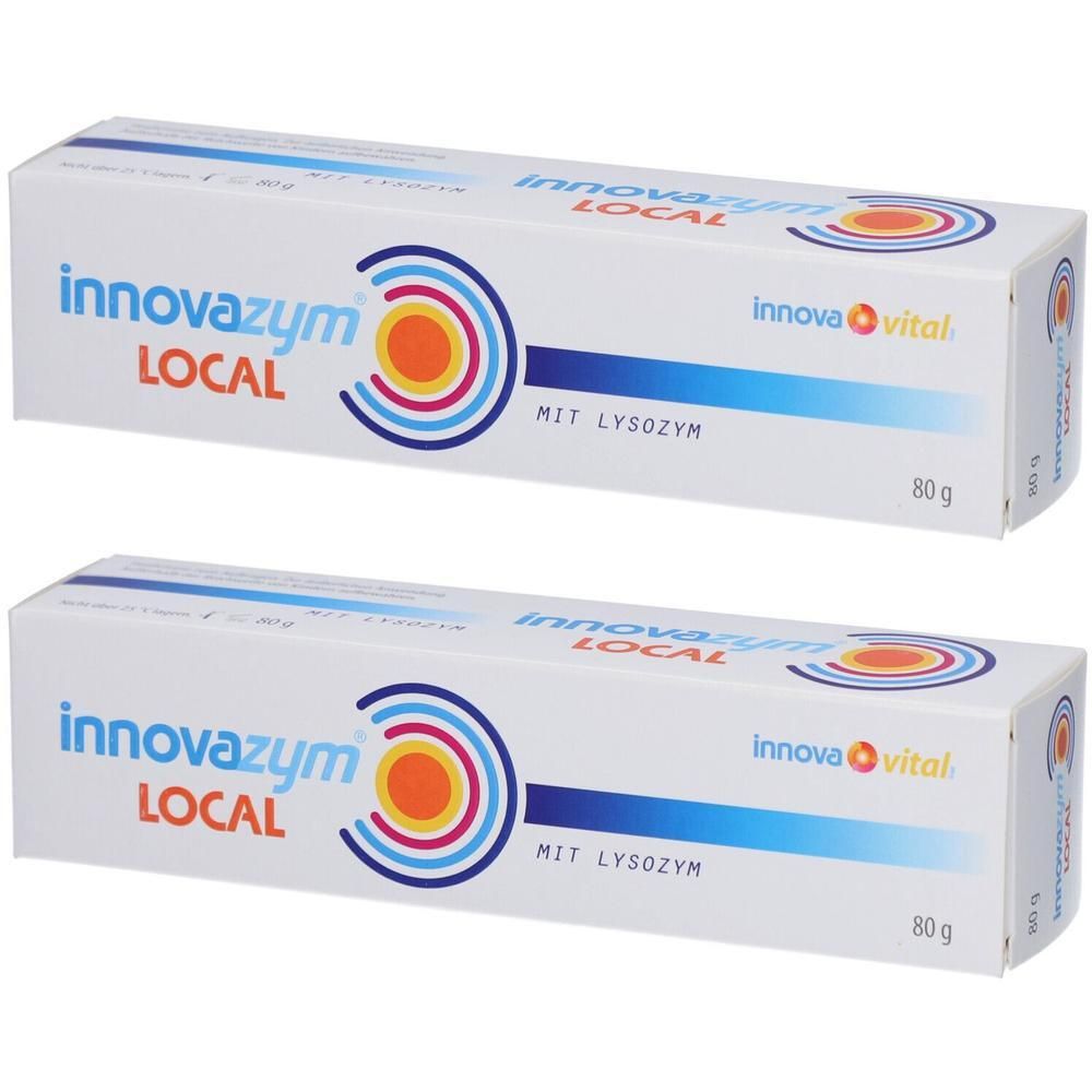 Zwei weiße Kartons mit Produktaufdruck. Aufschrift: innovazym LOCAL, MIT LYSOZYM, Innova vital. Gewicht: 80 g. Blaue, orangefarbene und rote Kreise.