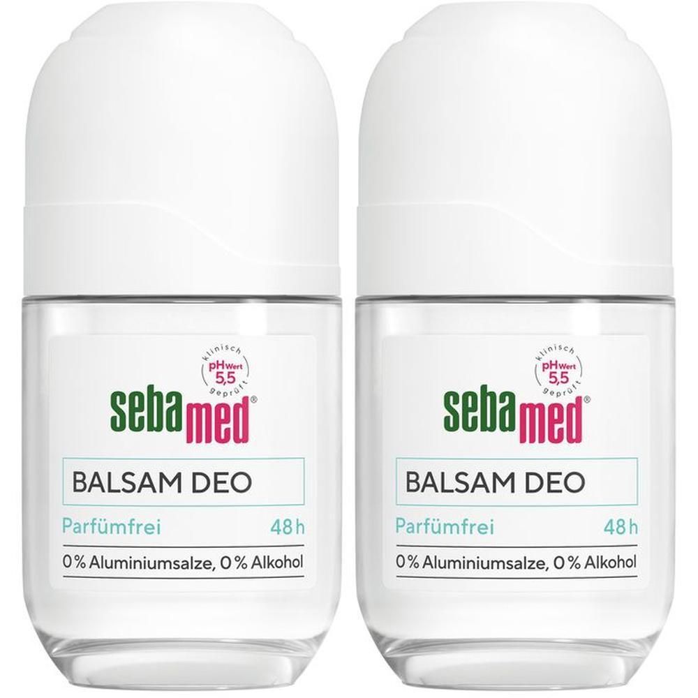 Zwei Sebamed Balsam Deo Roll-Ons. Weiße Kappen, transparente Behälter. Text: pH 5,5, Parfümfrei, 48h, 0% Aluminiumsalze, 0% Alkohol.