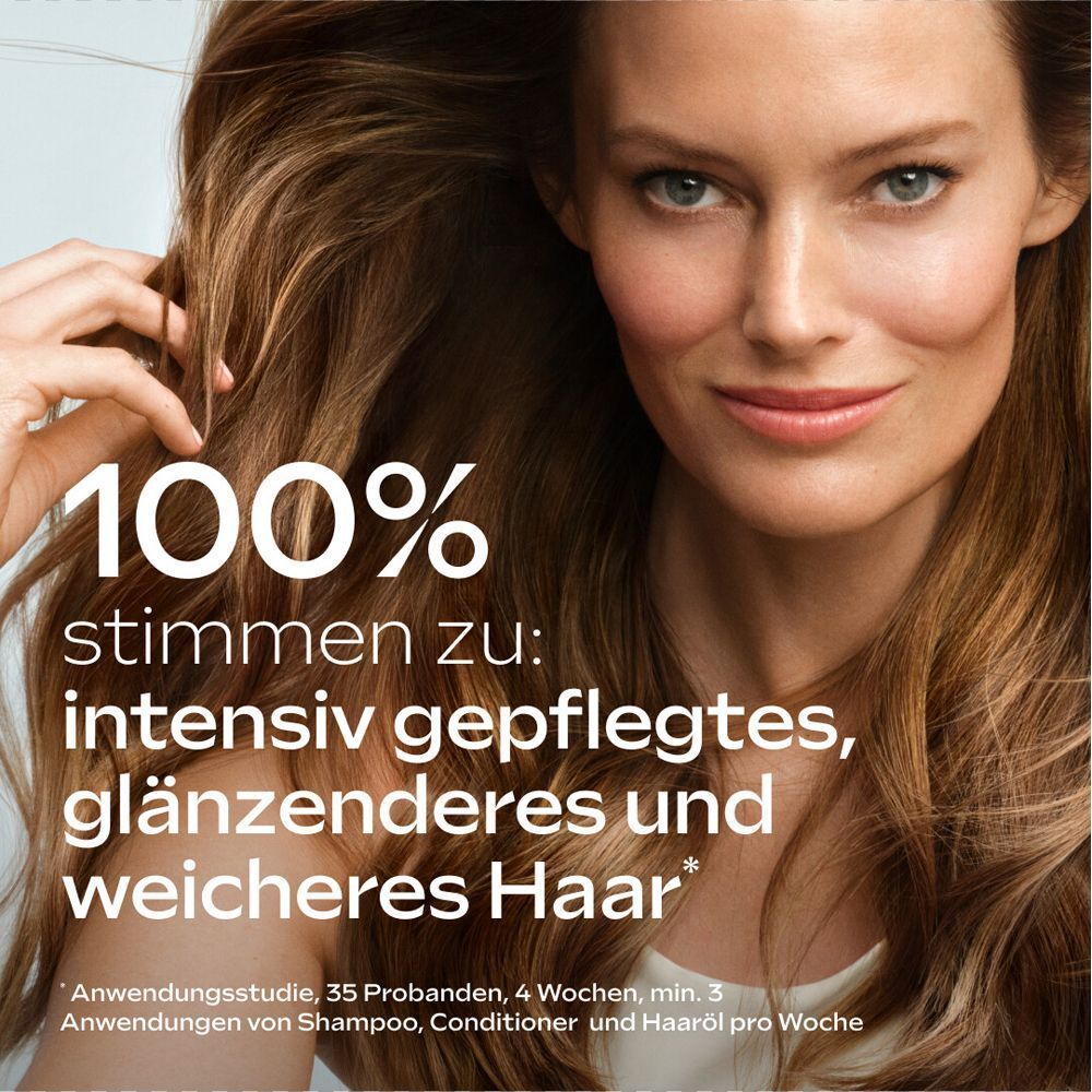 Frau mit glänzendem Haar. Text: 100% stimmen zu: intensiv gepflegtes, glänzenderes und weicheres Haar. Hintergrund: hell.