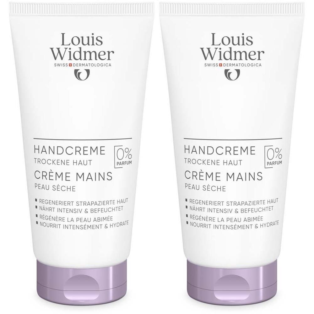 Zwei Tuben Handcreme, weiß mit lila Verschluss. Aufschrift: Louis Widmer, Handcreme, 0% Parfum.