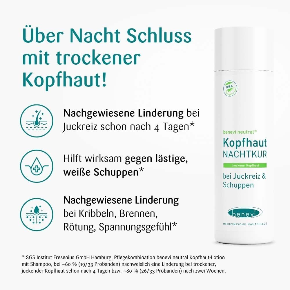 Produktflasche neben Text. Text: Linderung bei Juckreiz, gegen Schuppen, bei Kribbeln, Brennen, Rötung. Mit PBA-Siegel.