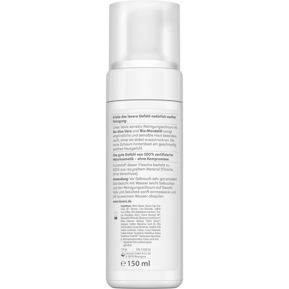 Weiße Flasche mit Pumpaufsatz. Rückseite mit Text. Aufschrift: lavera. E 150 ml.