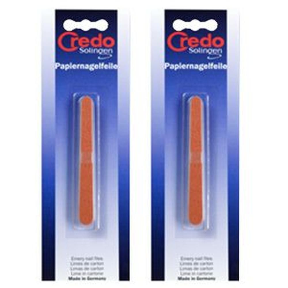 Zwei Papiernagelfeilen in Blisterverpackung. Orange Feilen, Marke Credo Solingen. Made in Germany.