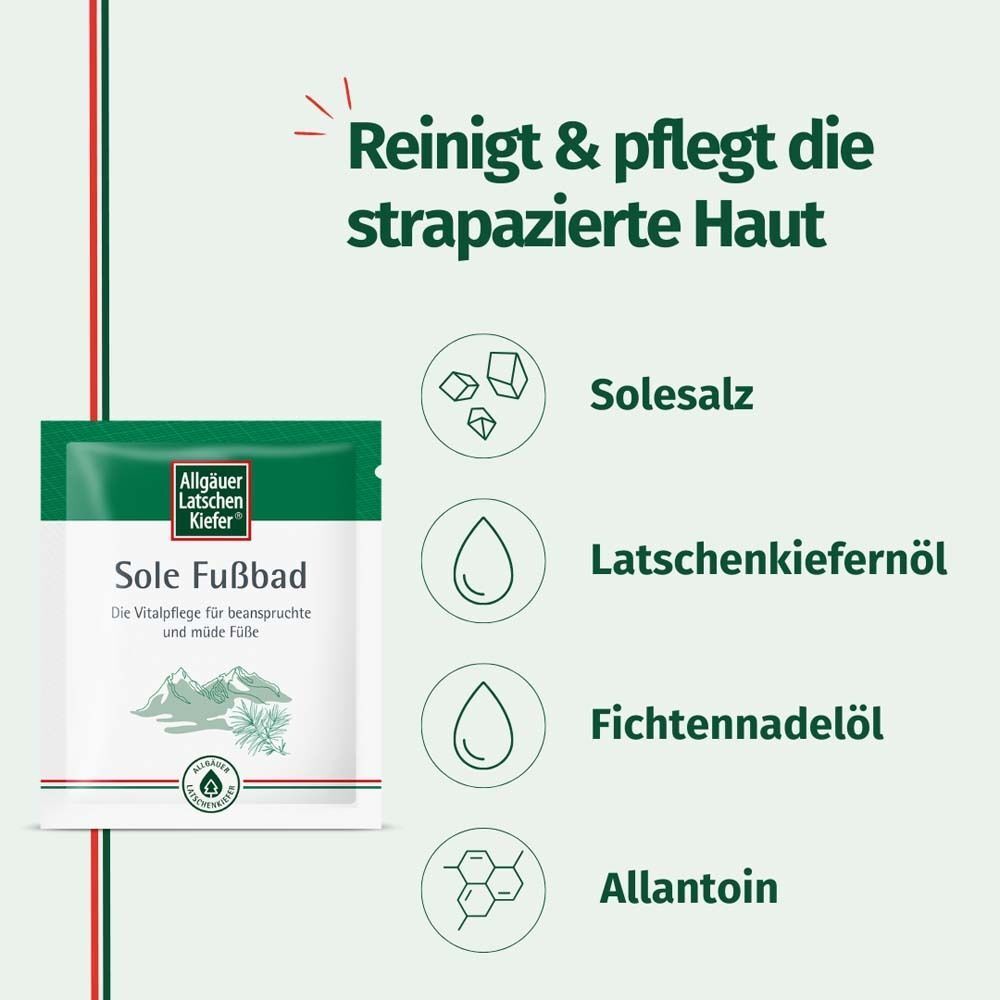 Verpackung Sole Fußbad, Inhaltsstoffe: Salz, Öl, Allantoin.