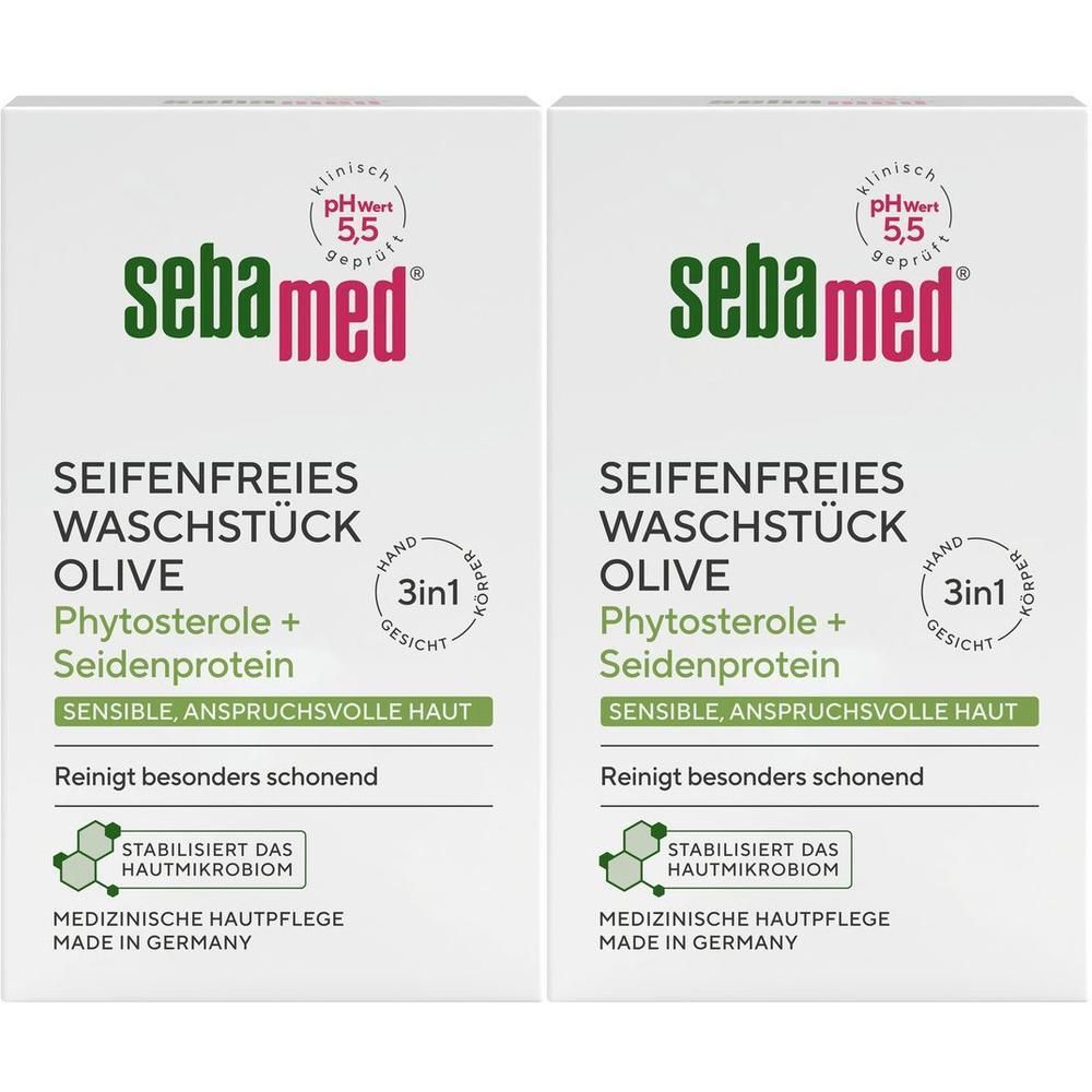 Zwei Packungen Sebamed seifenfreies Waschstück Olive. Weiße Verpackung mit grünem Text. pH-Wert 5,5.