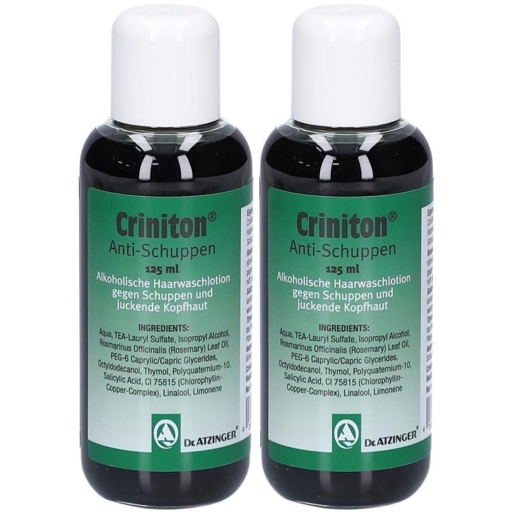 Zwei Flaschen Criniton® Anti-Schuppen. Grüne Etiketten mit weißer Schrift. Enthält 125 ml. Alkoholische Haarwaschlotion.