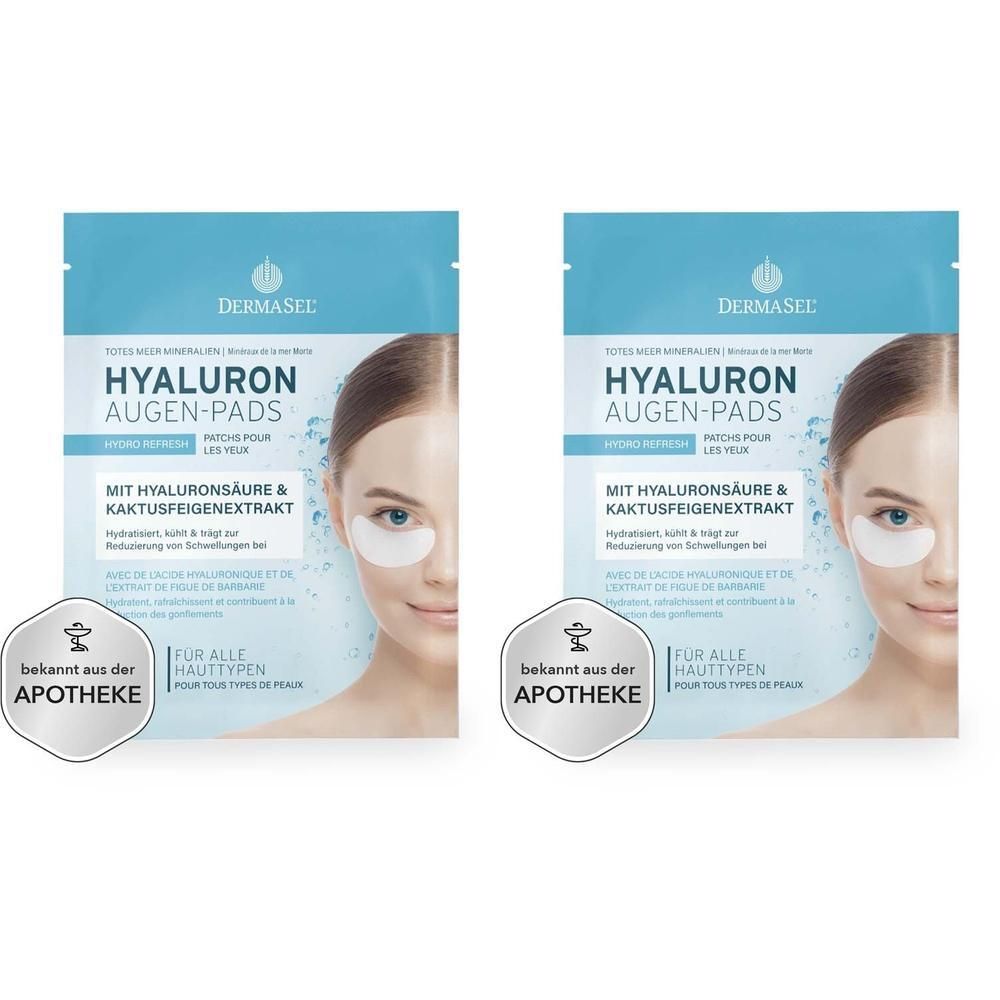 Zwei Packungen Augen-Pads. Blaue Verpackung mit Produktnamen und Frauengesicht. Apotheken-Logo.