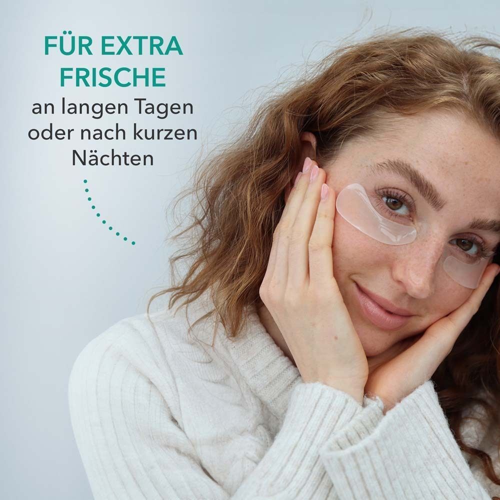 Frau mit Augen-Pads auf den Augen. Text: Für extra Frische an langen Tagen oder nach kurzen Nächten.