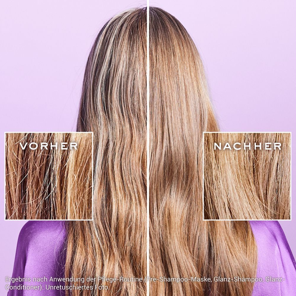 Vorher-Nachher-Vergleich von Haar. Links: Vorher, rechts: Nachher. Haare sind glänzend und gepflegt.