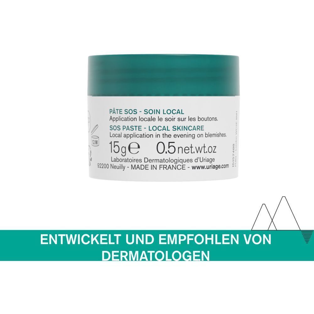 Tiegel mit grünem Deckel. Aufschrift: Pâte SOS - Soin local, SOS PASTE - LOCAL SKINCARE, 15g, 0.5 net.wt.oz. Entwickelt und empfohlen von Dermatologen.