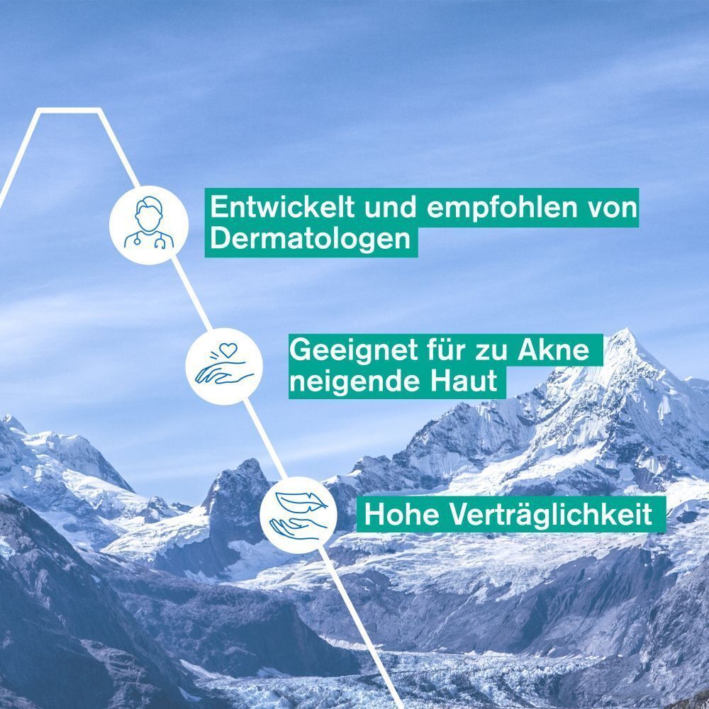 Grafik mit Text. Entwickelt und empfohlen von Dermatologen. Geeignet für zu Akne neigende Haut. Hohe Verträglichkeit. Hintergrund: Berglandschaft.