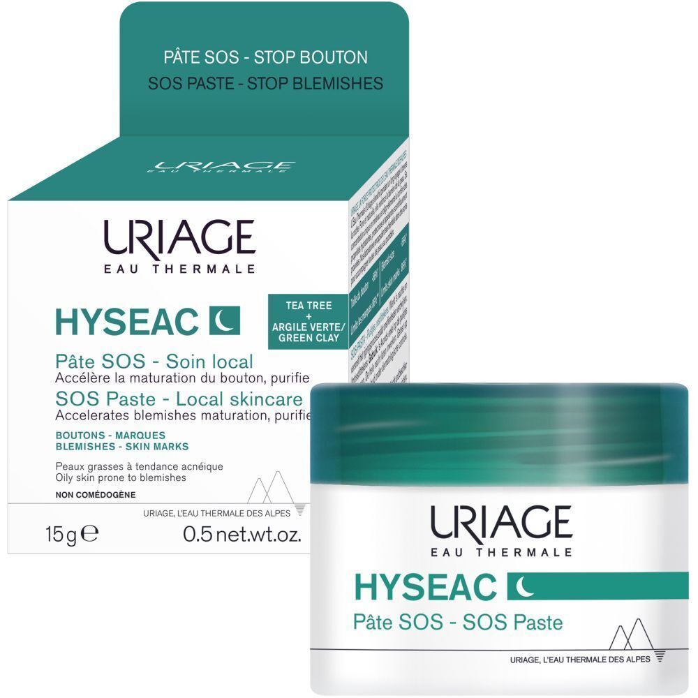 Produktverpackung und Tiegel. Aufschrift: Pâte SOS - Stop bouton, SOS PASTE - Stop blemishes. URIAGE Hyseac, Pâte SOS - SOS Paste, 15g, 0.5 net.wt.oz.