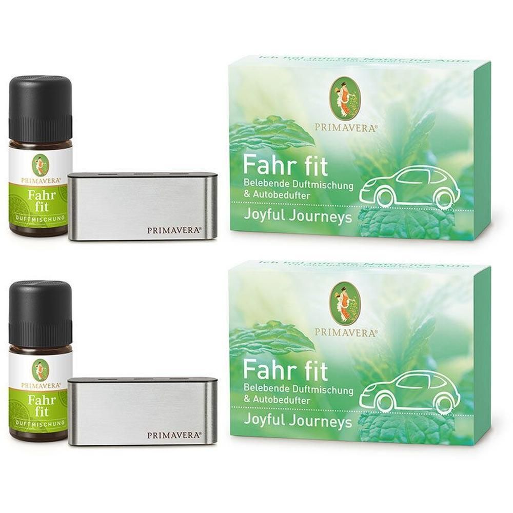 Zwei Sets mit Fläschchen, Duftbehälter und Karton. Aufschrift: Fahr fit, PRIMAVERA. Abbildung eines Autos.
