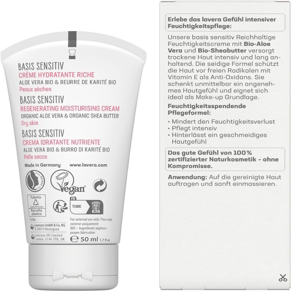 Tube und Karton. Auf der Tube steht: "BASIS SENSITIV CREME HYDRATANTE RICHE". Auf dem Karton Text über Inhaltsstoffe und Anwendung.