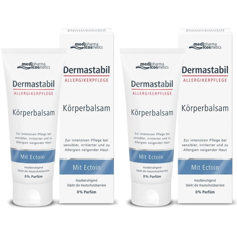 Zwei Tuben und zwei Verpackungen von Dermastabil Körperbalsam. Aufschrift: Allergikerpflege, Mit Ectoin, 0% Parfum.