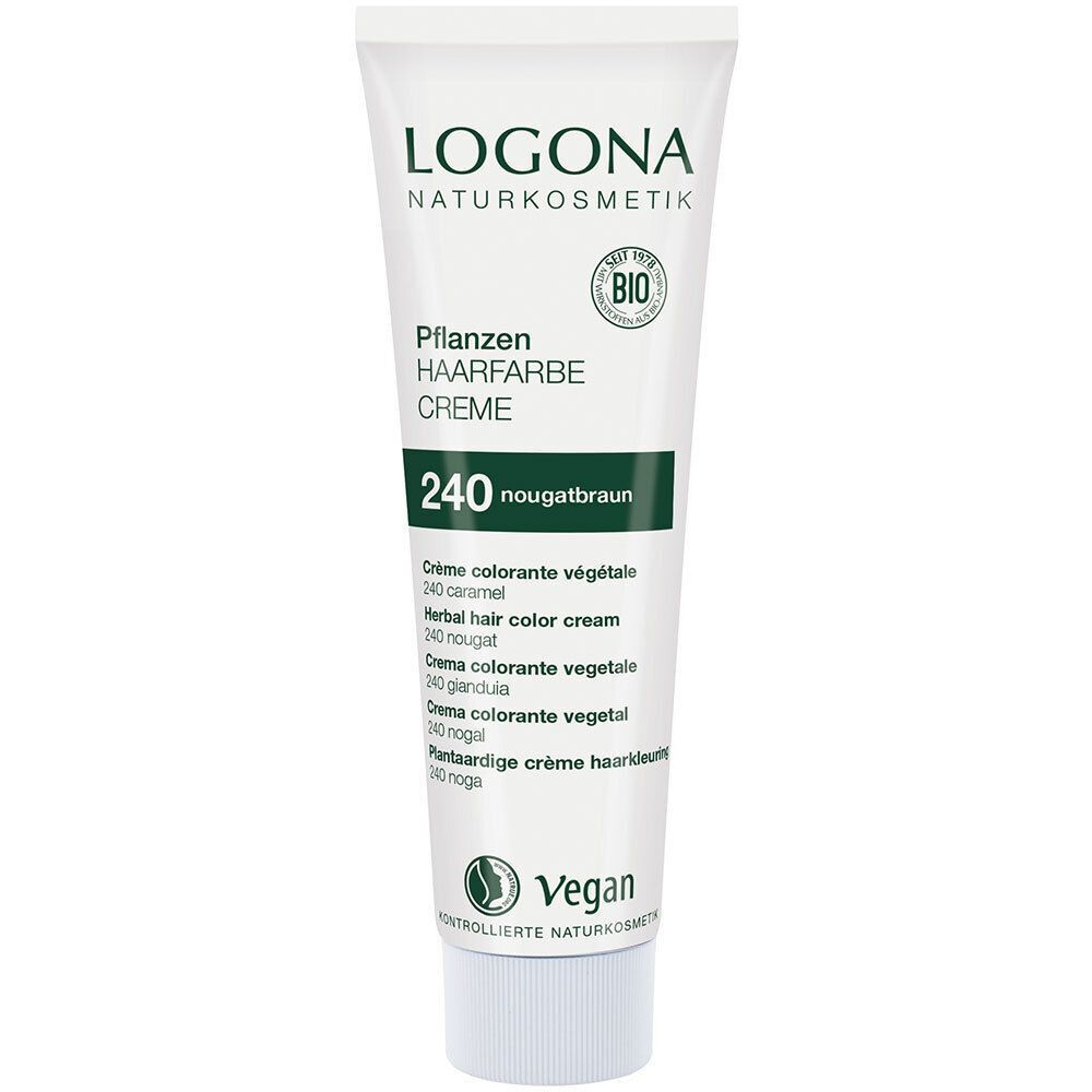 LOGONA Pflanzen-Haarfarbe Creme 240 Nougatbraun Tube. Bio-Siegel und Vegan-Logo. Mehrsprachige Produktbezeichnung.