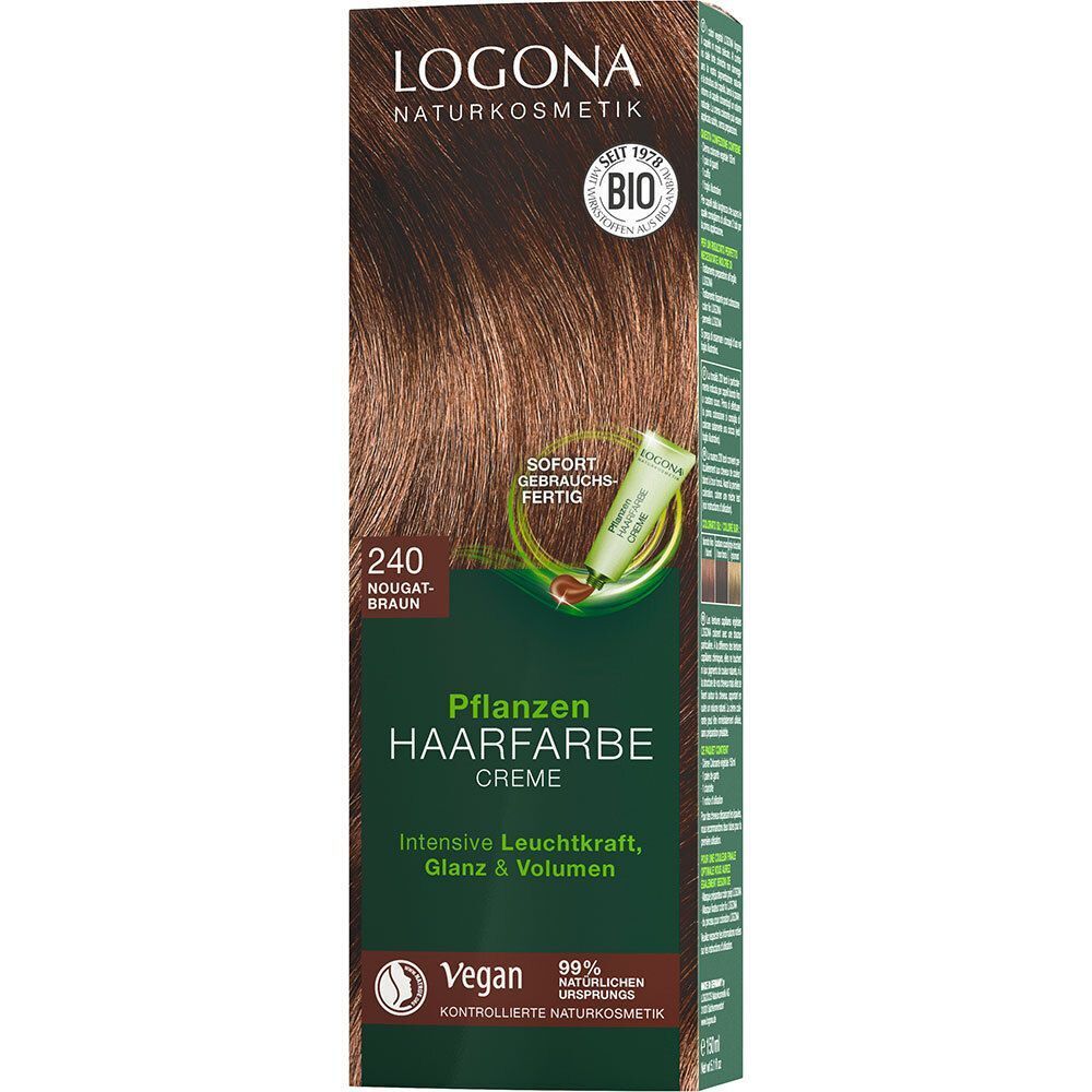 LOGONA Pflanzen-Haarfarbe Creme 240 Nougatbraun Karton. Bio-Siegel und Vegan-Logo. Produktbezeichnung und Haarfarbe.
