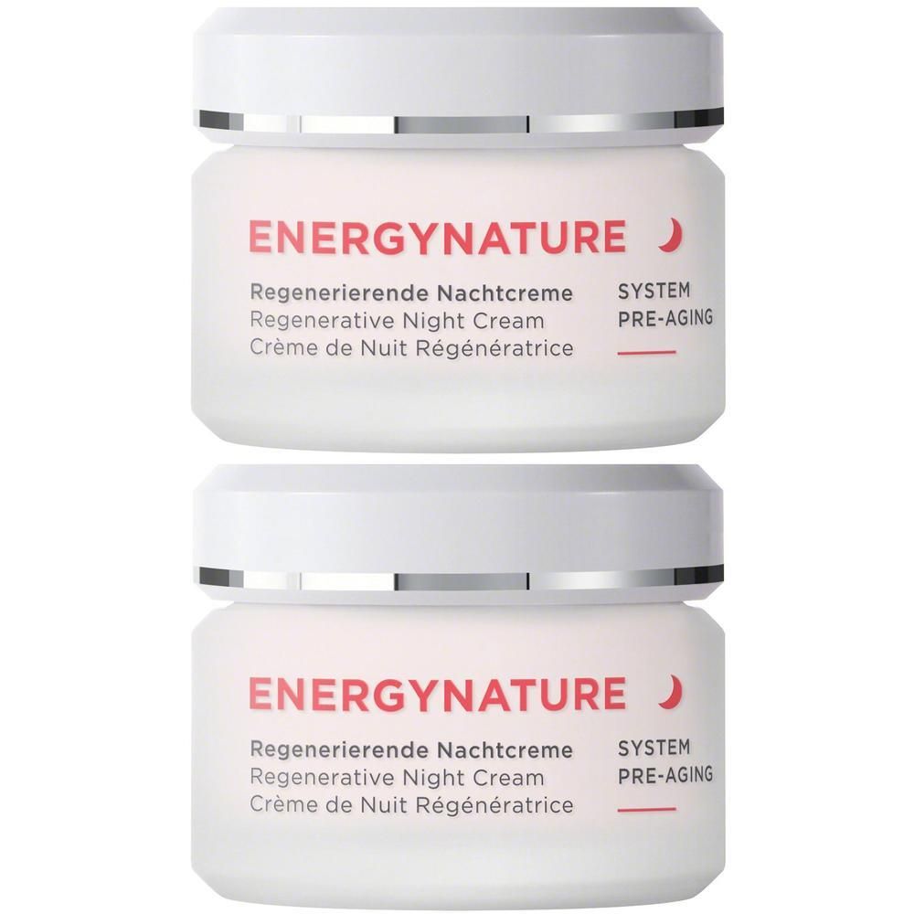 Zwei weiße Tiegel mit silbernem Deckelrand, ANNEMARIE BÖRLIND ENERGY NATURE Regenerierende Nachtcreme.