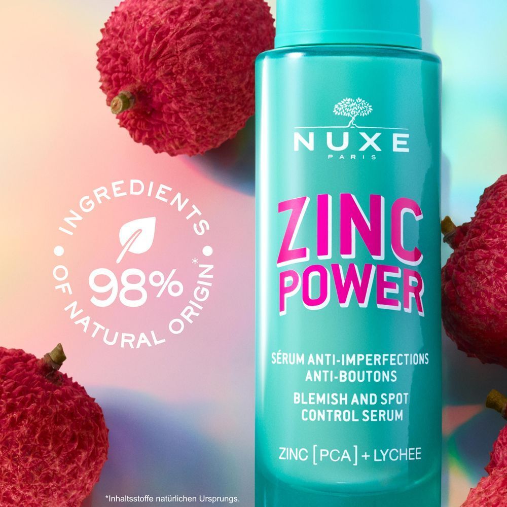 Flasche NUXE Zinc Power Serum mit Lychees. Aufschrift: ZINC POWER, Serum gegen Hautunreinheiten. 98% Inhaltsstoffe natürlichen Ursprungs.
