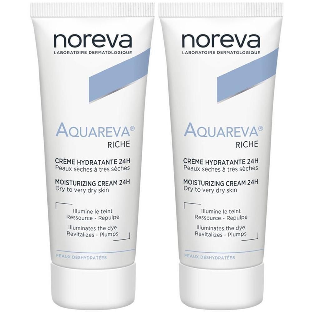 Zwei Tuben Creme. Aufschrift: noreva, Aquareva Riche, Crème Hydratante 24H, Peaux sèches à très sèches, Moisturizing Cream 24H.