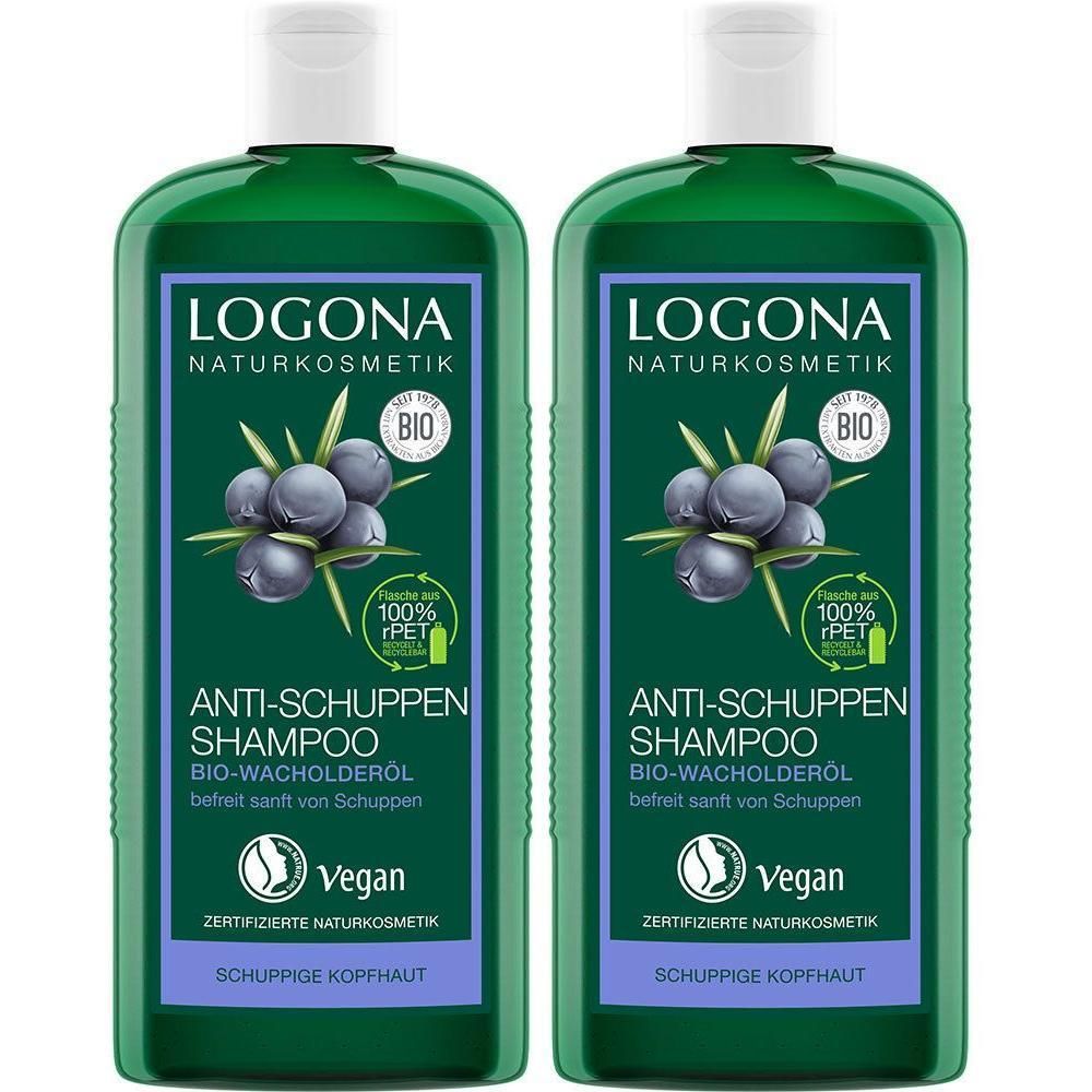 Zwei grüne Flaschen LOGONA Anti-Schuppen Shampoo mit Wacholderöl. Vegan-Siegel, Bio-Zertifizierung und Produktnamen.