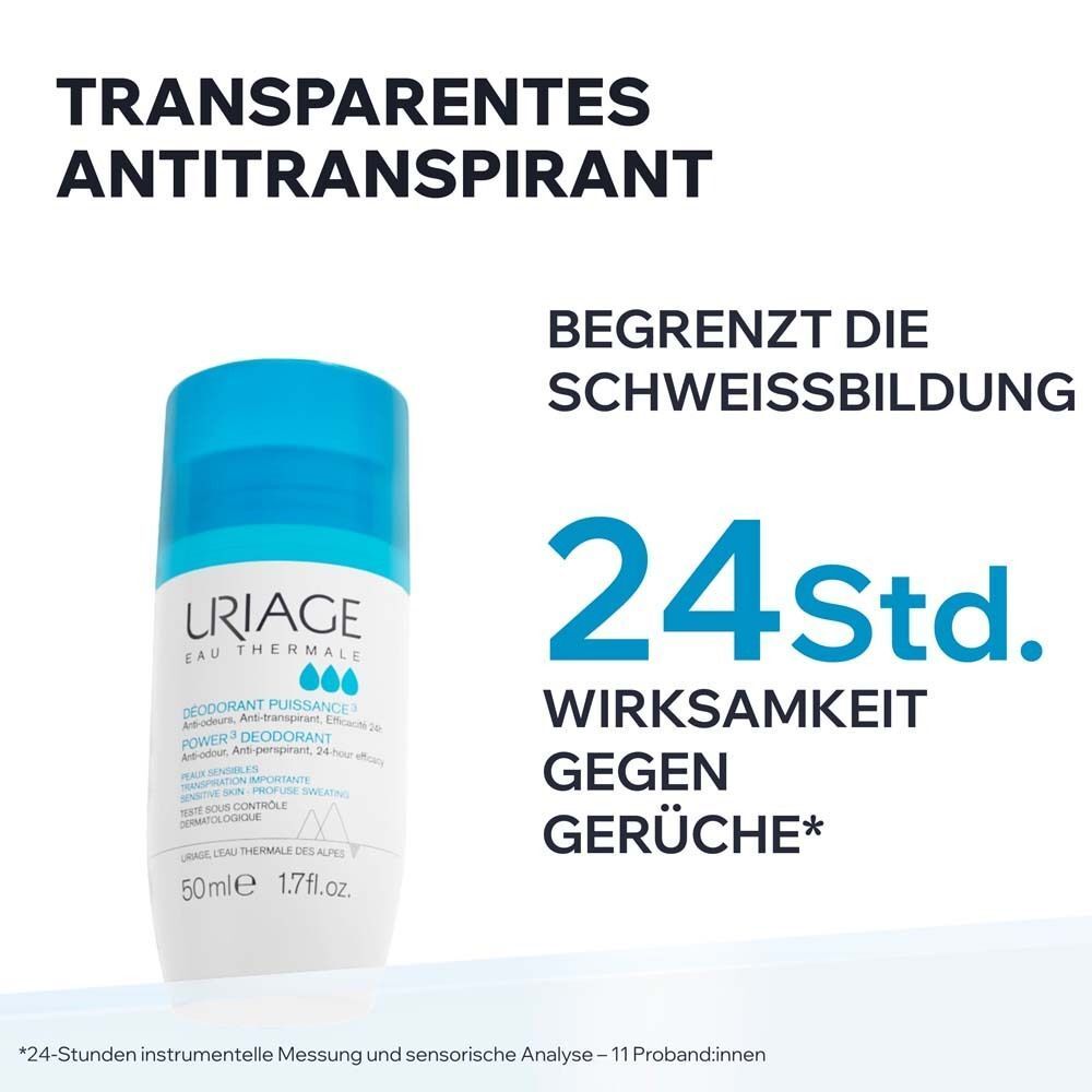 Deodorant-Roll-on. Weiß-blaue Flasche mit blauer Kappe. Text: Transparentes Antitranspirant, begrenzt die Schweißbildung, 24h Wirksamkeit.