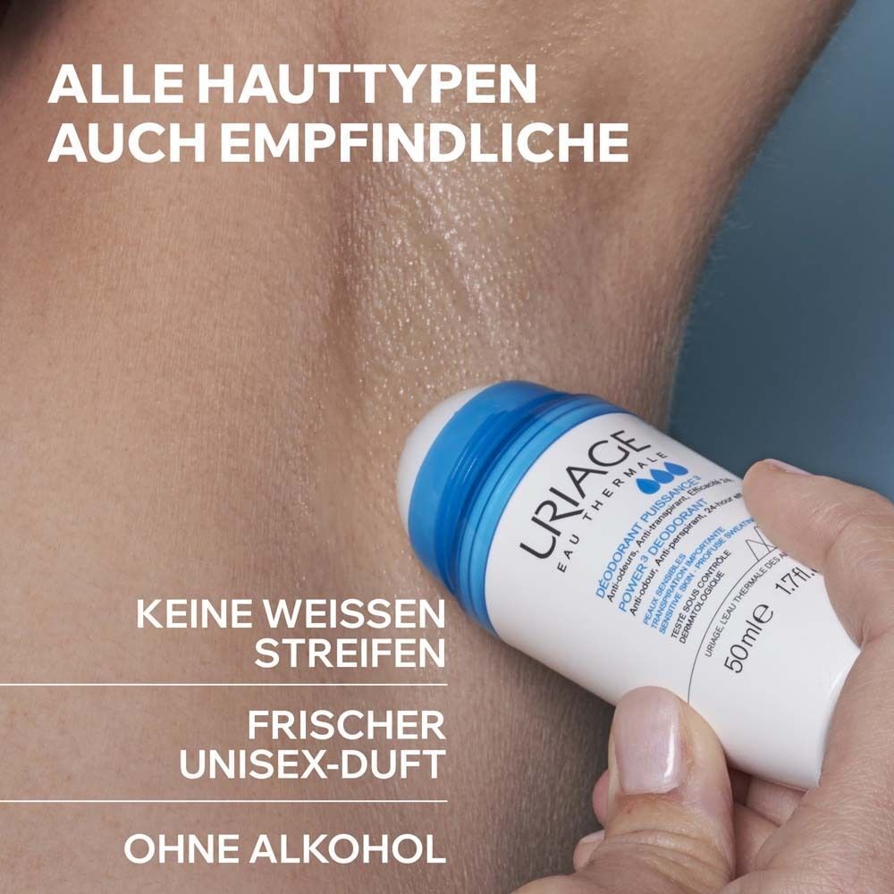 Person zeigt Anwendung des Deodorant-Roll-ons. Text: Alle Hauttypen, auch empfindliche. Keine weißen Streifen. Frischer Unisex-Duft. Ohne Alkohol.