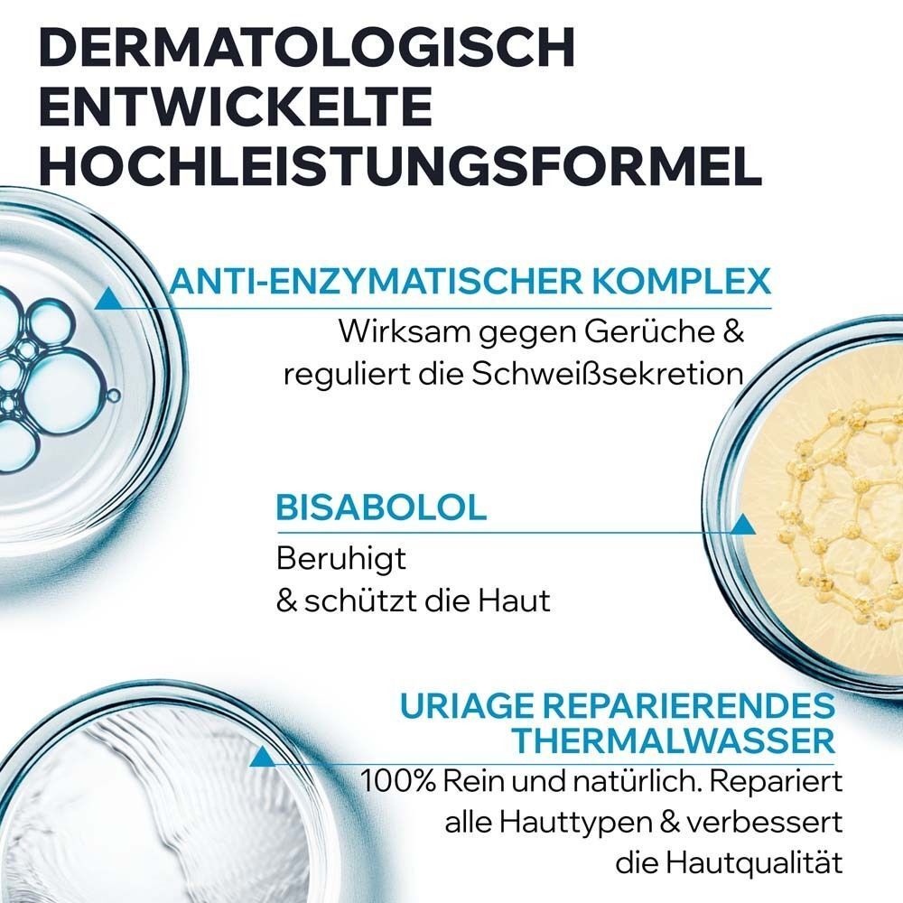Grafik mit Inhaltsstoffen. Anti-Enzym-Komplex, Bisabolol, Uriage Thermalwasser. Text: Dermatologisch entwickelte Hochleistungsformel.