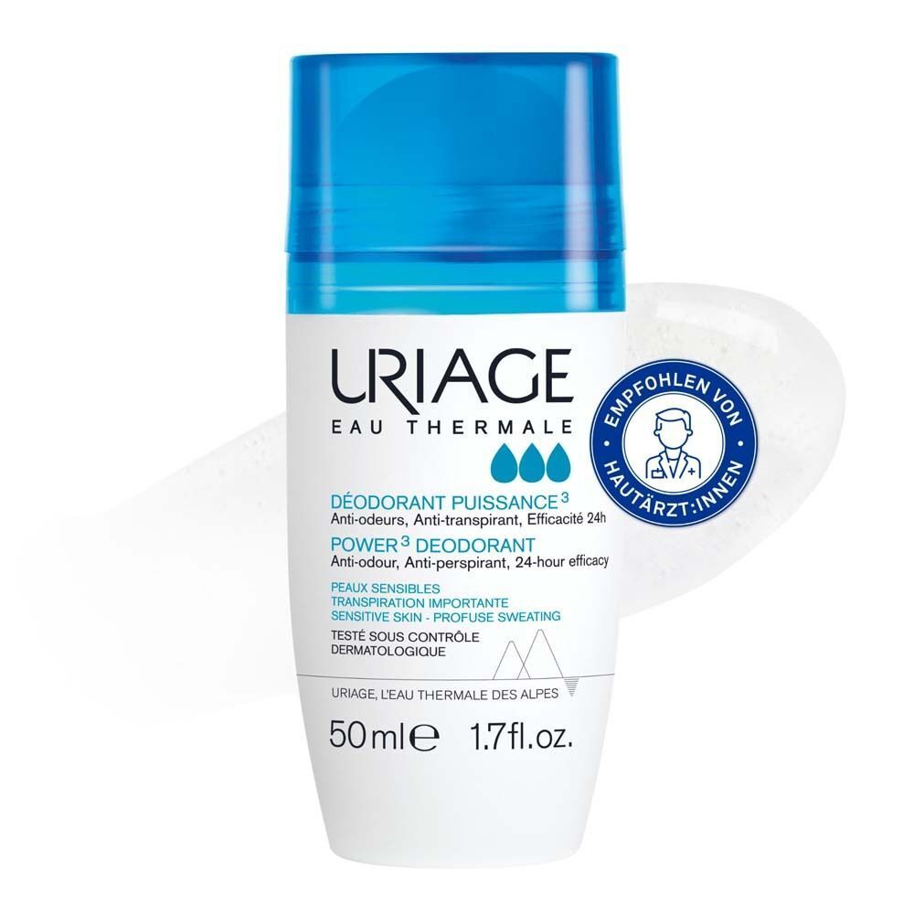 Deodorant-Roll-on. Weiß-blaue Flasche mit blauer Kappe. URIAGE-Logo und Produktbezeichnung. Empfohlen von Hautärzten.