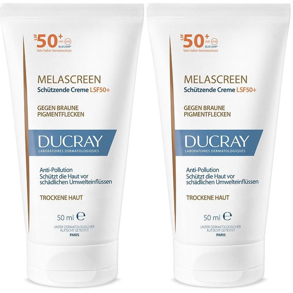 Zwei Tuben DUCRAY MELASCREEN Creme SPF 50+. Weiße Tuben mit braunen und blauen Akzenten. Text: MELASCREEN, LSF 50+, gegen Pigmentflecken.