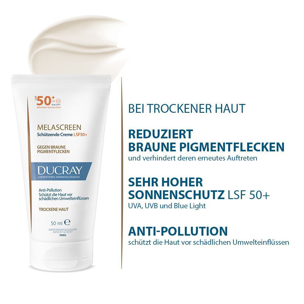 DUCRAY MELASCREEN Creme SPF 50+ und Creme-Textur. Text: MELASCREEN, LSF 50+, gegen Pigmentflecken, für trockene Haut. Zusätzlicher Text.