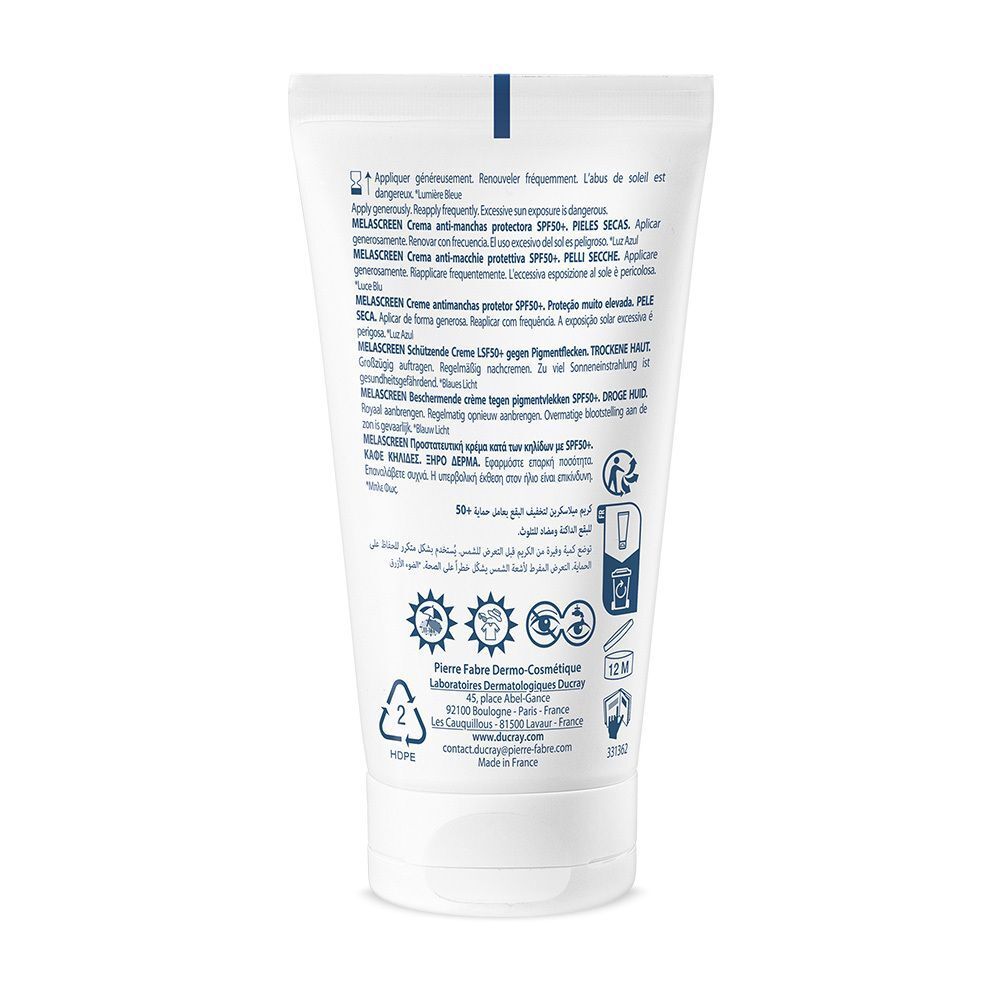 Rückseite der DUCRAY MELASCREEN Creme SPF 50+ Tube. Text in mehreren Sprachen. Logos und Informationen zur Herstellung.