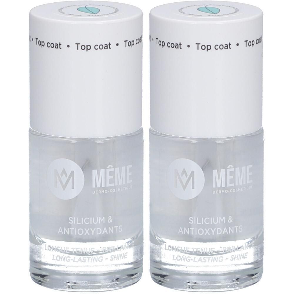 Zwei Flaschen MEME Silicium & Antioxidants Top Coat mit Gel-Effekt.