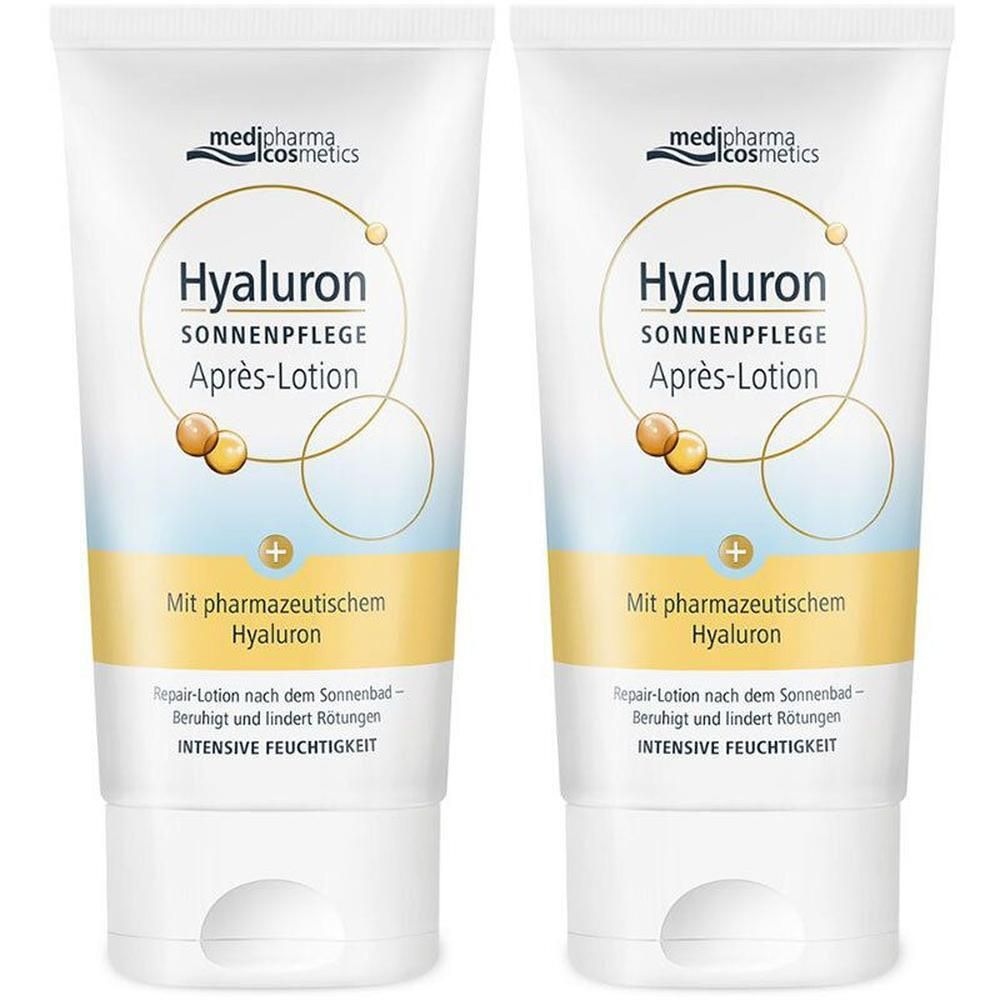 Zwei Tuben Hyaluron Sonnenpflege Après-Lotion. Weiße Tuben mit blauer und gelber Beschriftung. Marke: medipharma cosmetics.