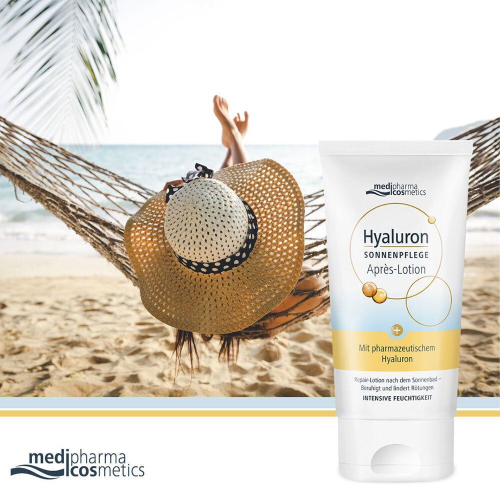 Eine Tube Hyaluron Sonnenpflege Après-Lotion. Frau in Hängematte am Strand. Marke: medipharma cosmetics.