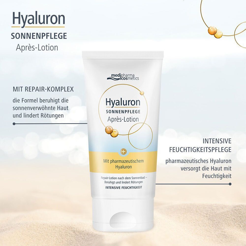 Tube Hyaluron Sonnenpflege Après-Lotion. Weiße Tube mit blauer und gelber Beschriftung. Marke: medipharma cosmetics.