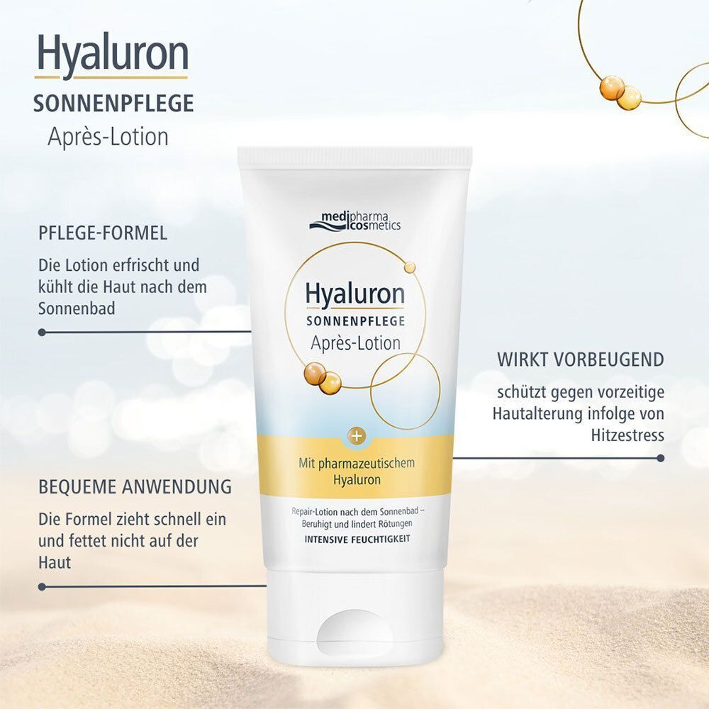 Tube Hyaluron Sonnenpflege Après-Lotion. Weiße Tube mit blauer und gelber Beschriftung. Marke: medipharma cosmetics.
