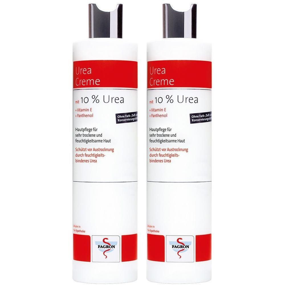 Zwei Flaschen Fagron Urea Creme 10 %. Weiße Flaschen mit rotem Band und schwarzem Deckel. Text: Urea Creme, 10 % Urea.