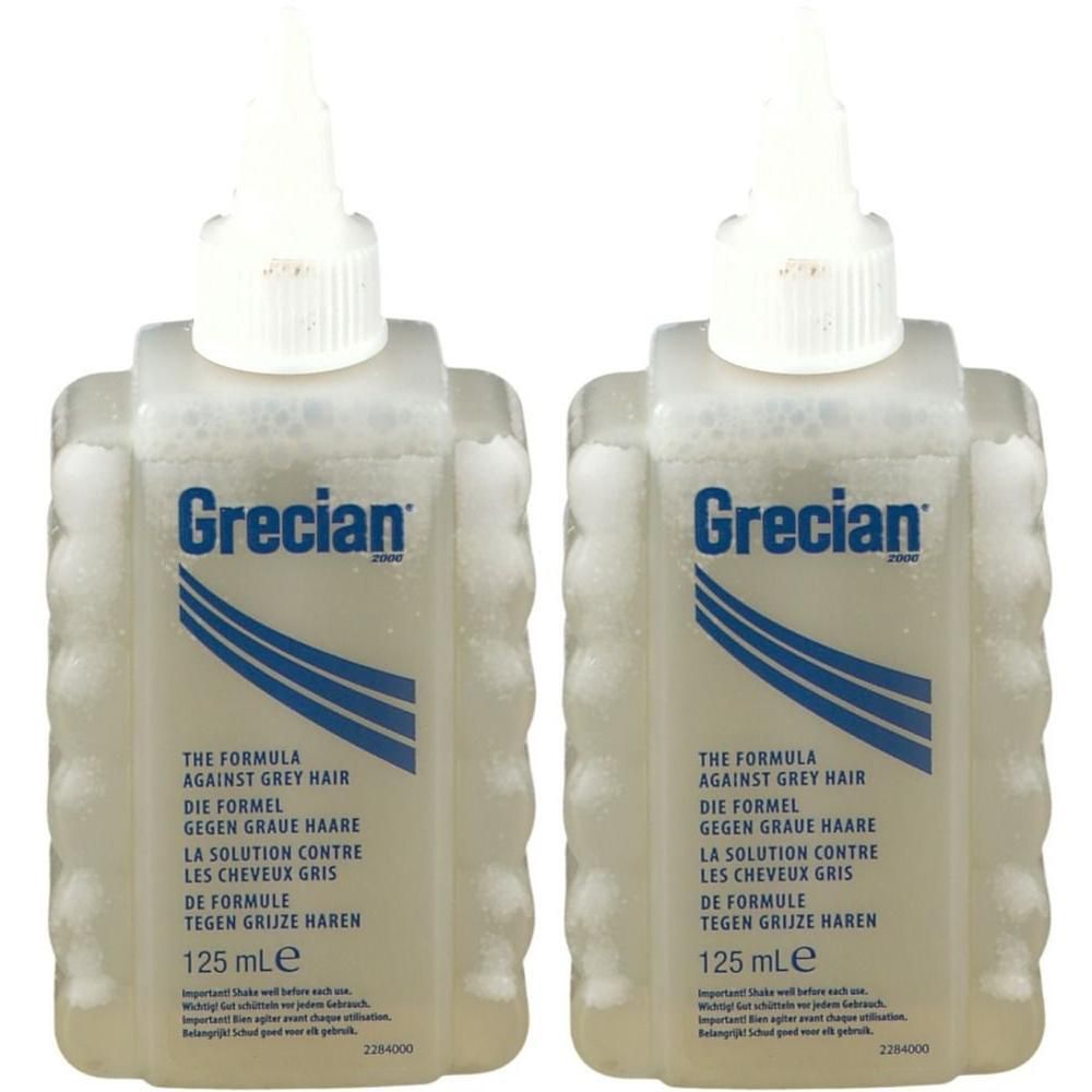 Zwei Flaschen mit weißem Verschluss. Aufschrift: Grecian, The Formula Against Grey Hair. 125 ml.