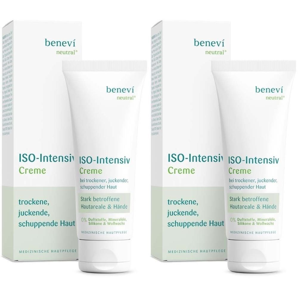 Zwei Tuben Creme und zwei Kartons. Aufschrift: benevi neutral, ISO-Intensiv Creme. Für trockene, juckende, schuppende Haut.