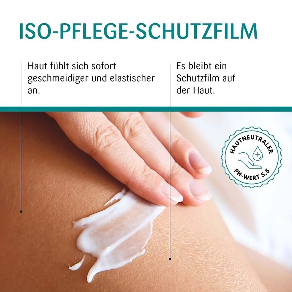 Hand trägt Creme auf Haut auf. Text: ISO-Pflege-Schutzfilm. Haut fühlt sich geschmeidiger an. Es bleibt ein Schutzfilm auf der Haut.