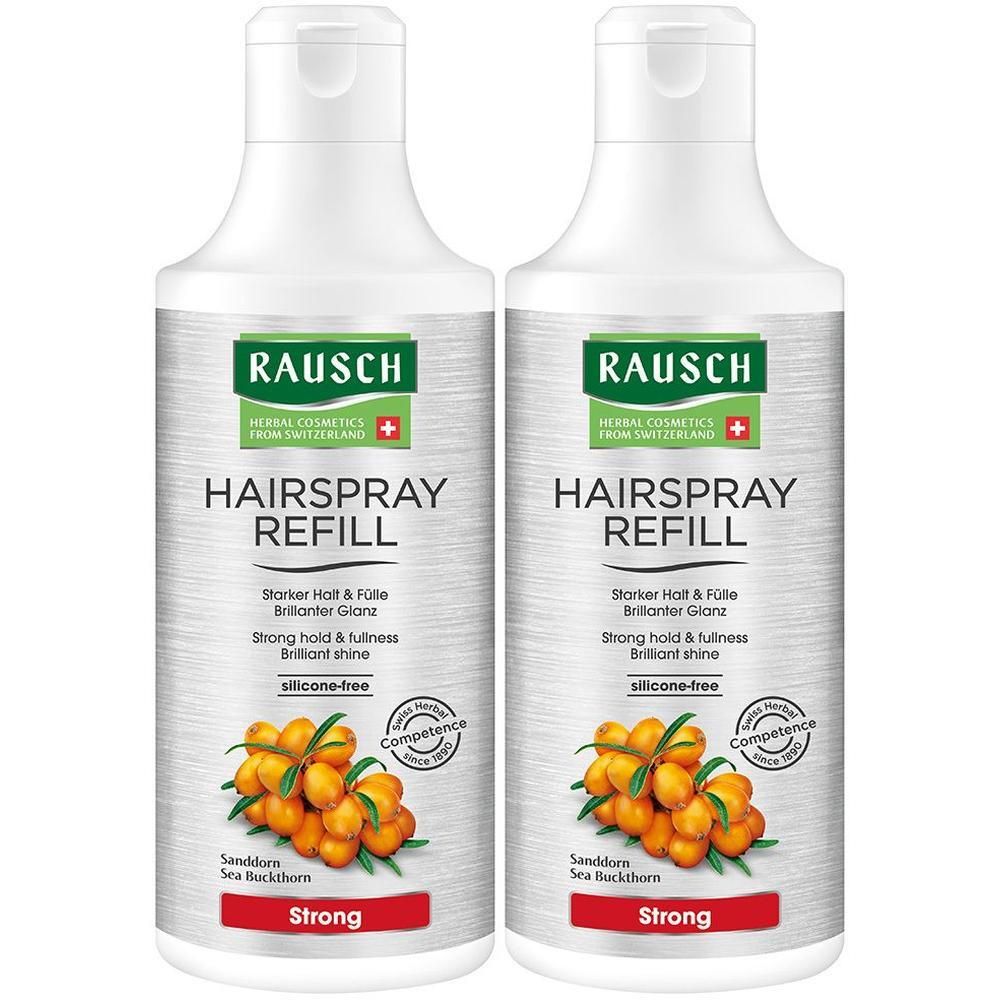 Zwei weiße RAUSCH Hairspray Refill Flaschen. Aufschrift: Strong, silikonfrei. Abbildung von Sanddornbeeren.