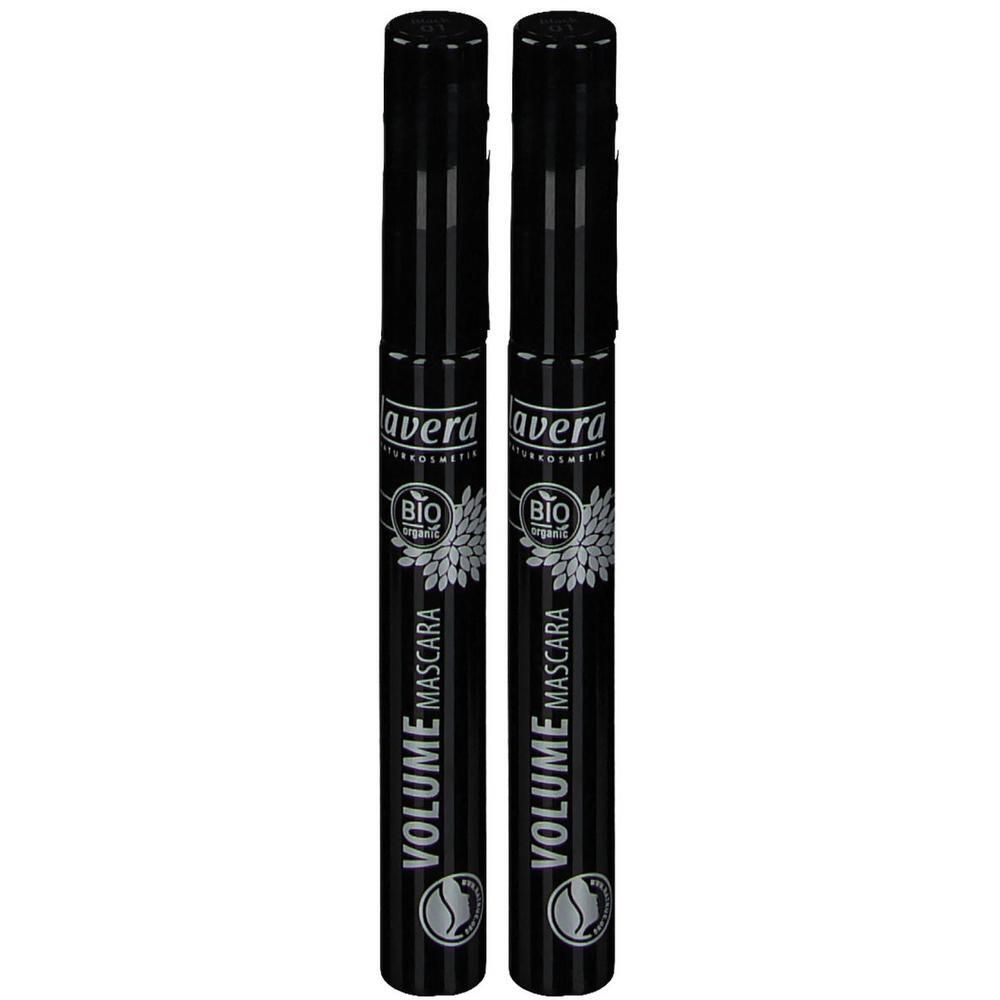Zwei schwarze Mascaras. Aufschrift: lavera, Volume Mascara, Bio-Siegel. Zylindrische Form, schwarze Kappe.