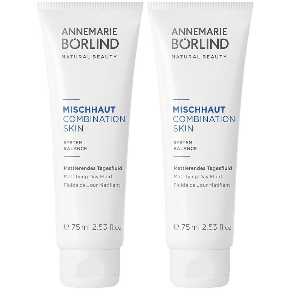 Zwei weiße Tuben des mattierenden Tagesfluids für Mischhaut, je 75 ml.