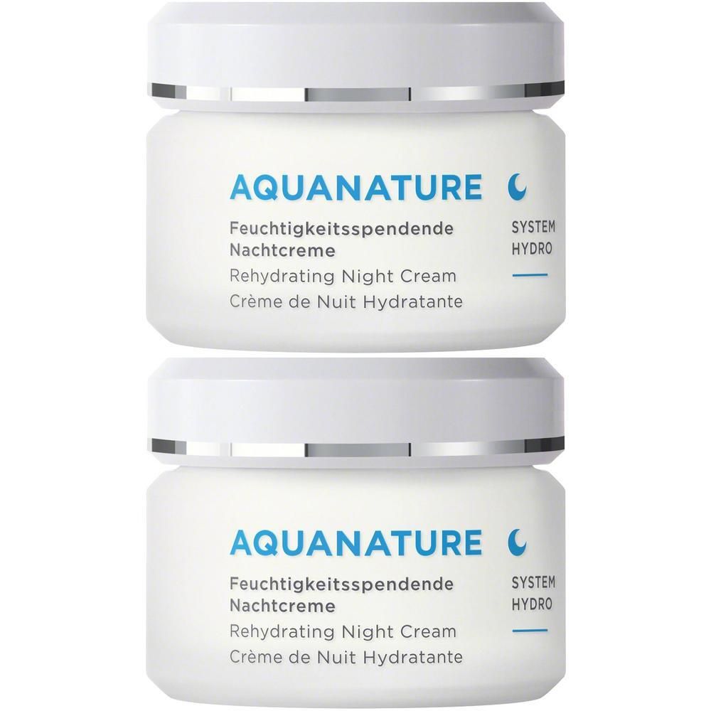 Zwei weiße Tiegel mit ANNEMARIE BÖRLIND AQUANATURE Feuchtigkeitsspendender Nachtcreme.