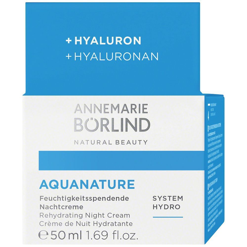 Verpackung der ANNEMARIE BÖRLIND AQUANATURE Feuchtigkeitsspendenden Nachtcreme mit Hyaluron.