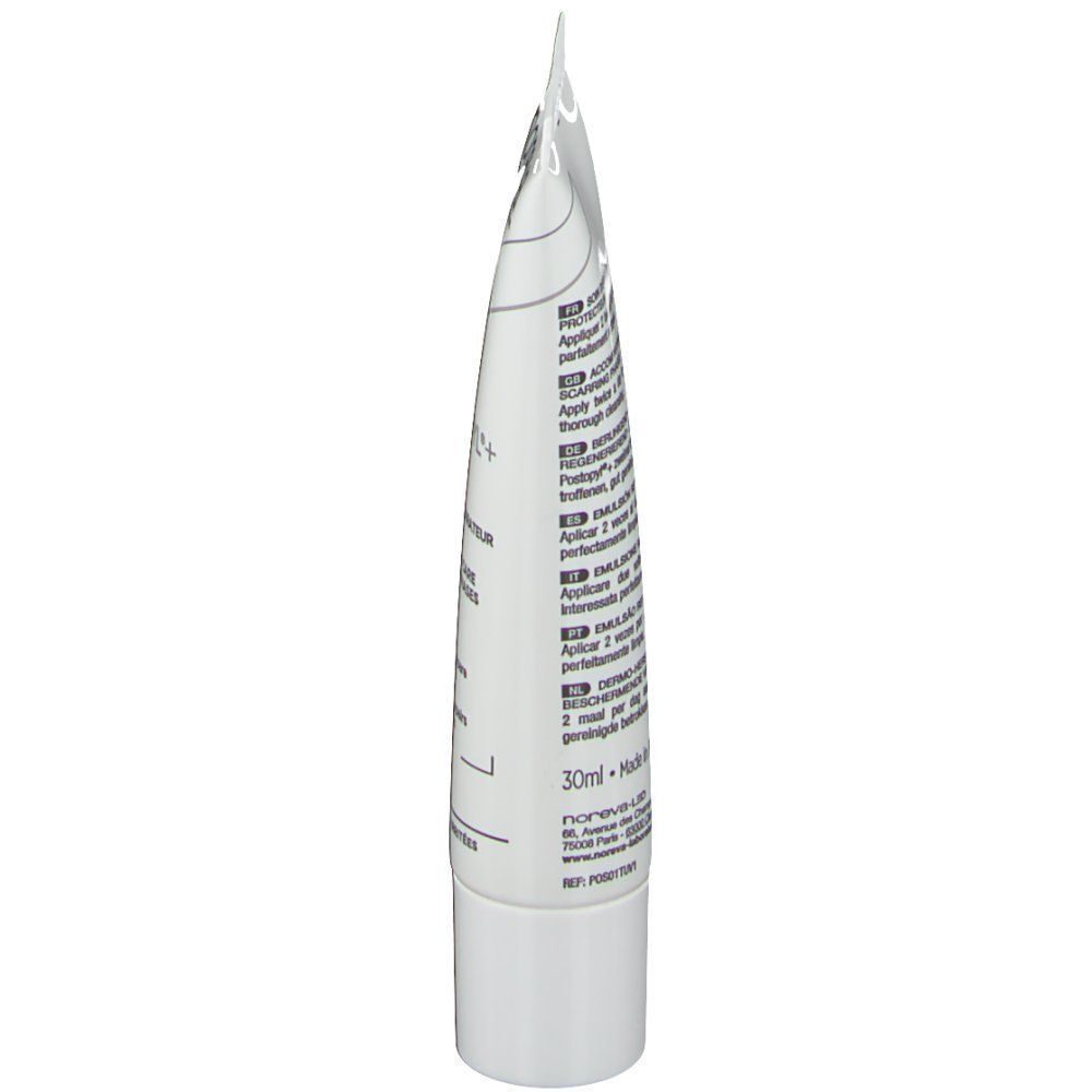 Seitenansicht einer Tube noreva Postopyl+ Emulsion. Weiße Tube mit Text. 30ml-Markierung und Herstellerinformationen.