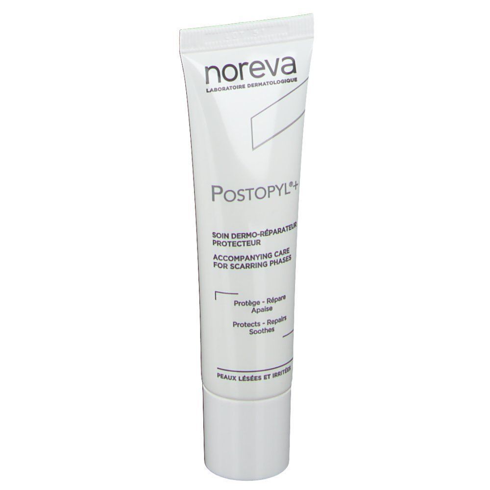 Eine Tube noreva Postopyl+ Emulsion. Weiße Tube mit blauer Schrift. Produktname und Beschreibung deutlich sichtbar.